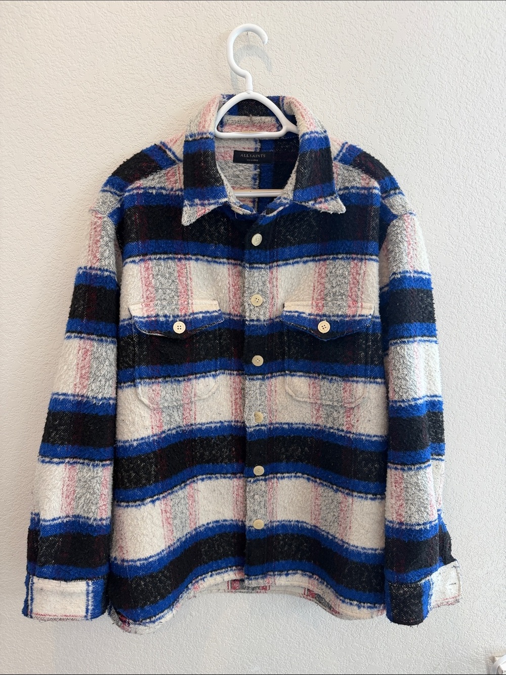 ALLSAINTS  Rayado Multi Color Plaid Polyester Wool Blend Oversized